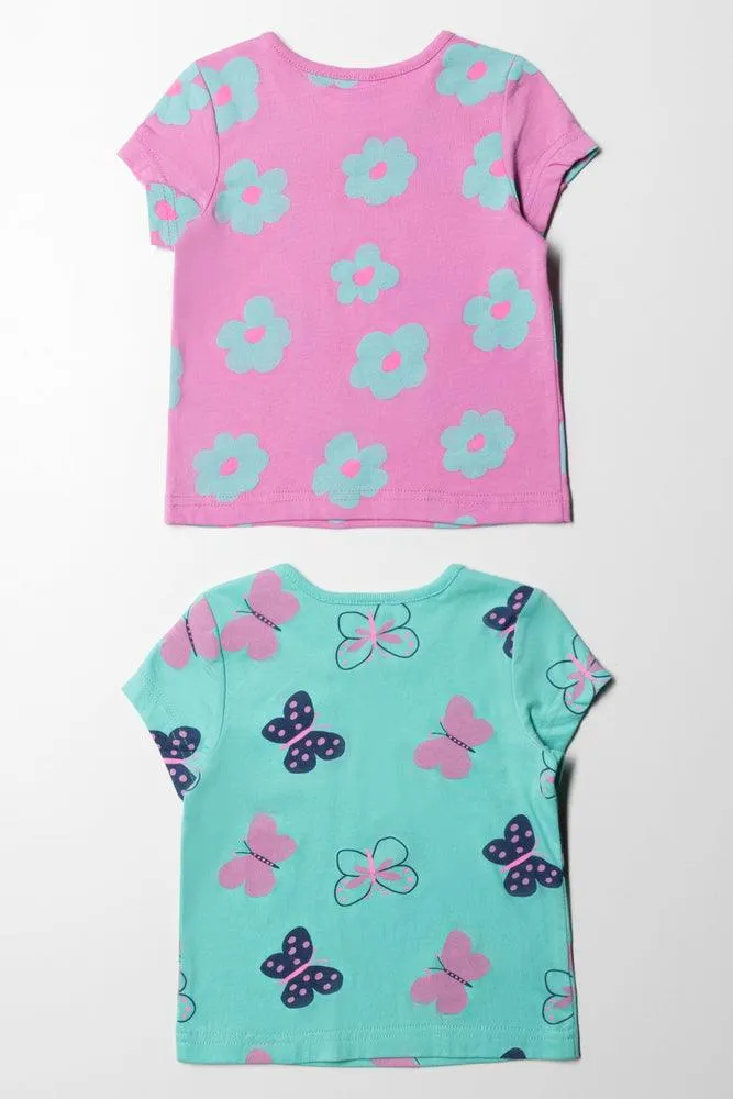 2 Pack Flower Butterfly Short Sleeve T-Shirts Pink & Aqua