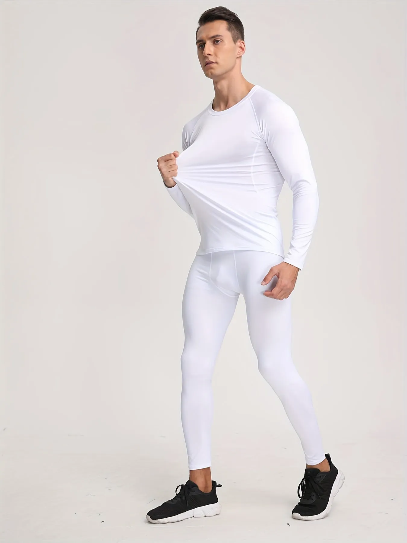 94% Polyester 6% Spandex Blend Men's Thermal Compression Shirt - Crew Neck, Long Sleeve, High Stretch Solid Color Fabric, Breathable Knit Skin-Tight Fit for Running, Training, Hiking, Outdoor - Adult & Teen Winter Pullover