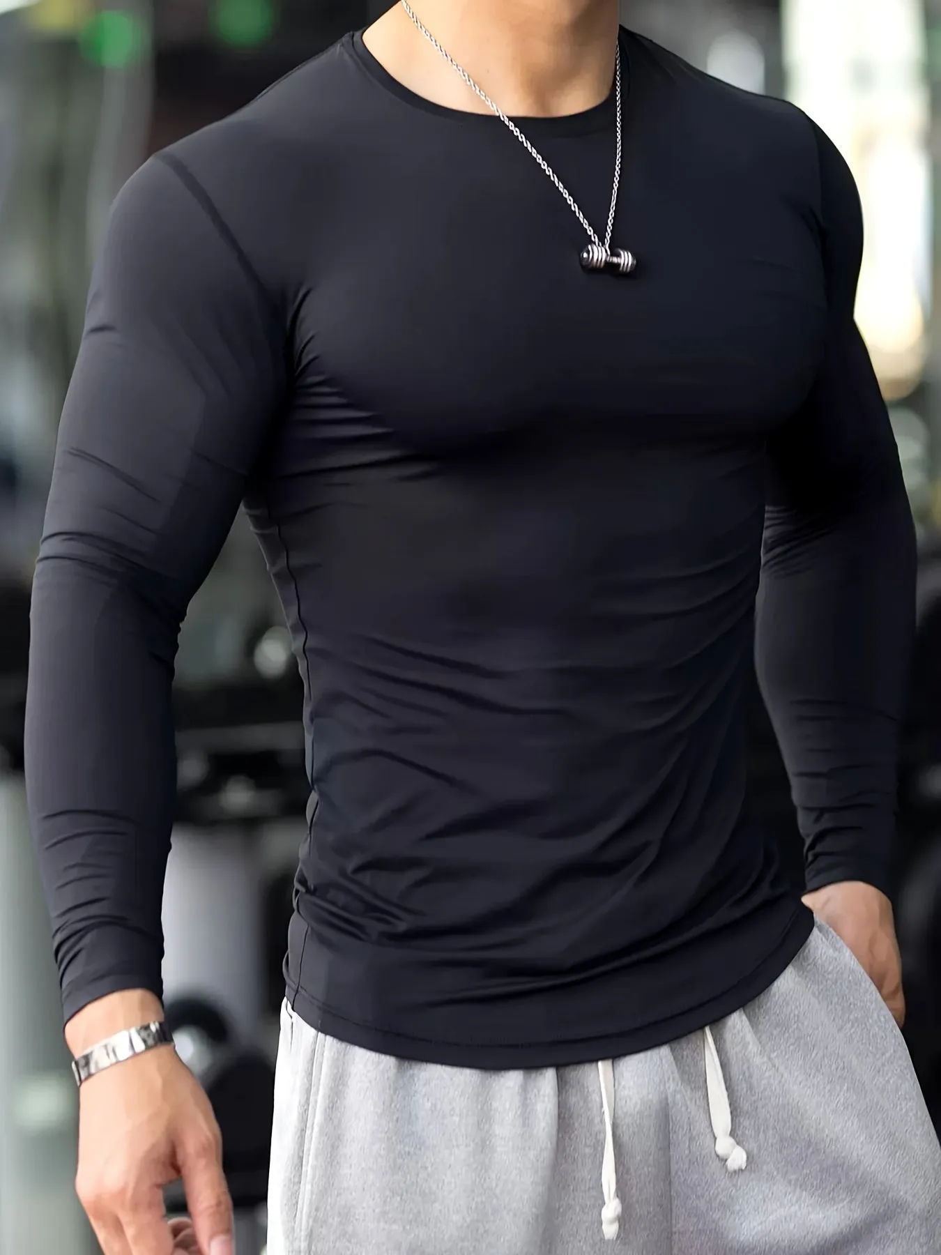 94% Polyester 6% Spandex Blend Men's Thermal Compression Shirt - Crew Neck, Long Sleeve, High Stretch Solid Color Fabric, Breathable Knit Skin-Tight Fit for Running, Training, Hiking, Outdoor - Adult & Teen Winter Pullover