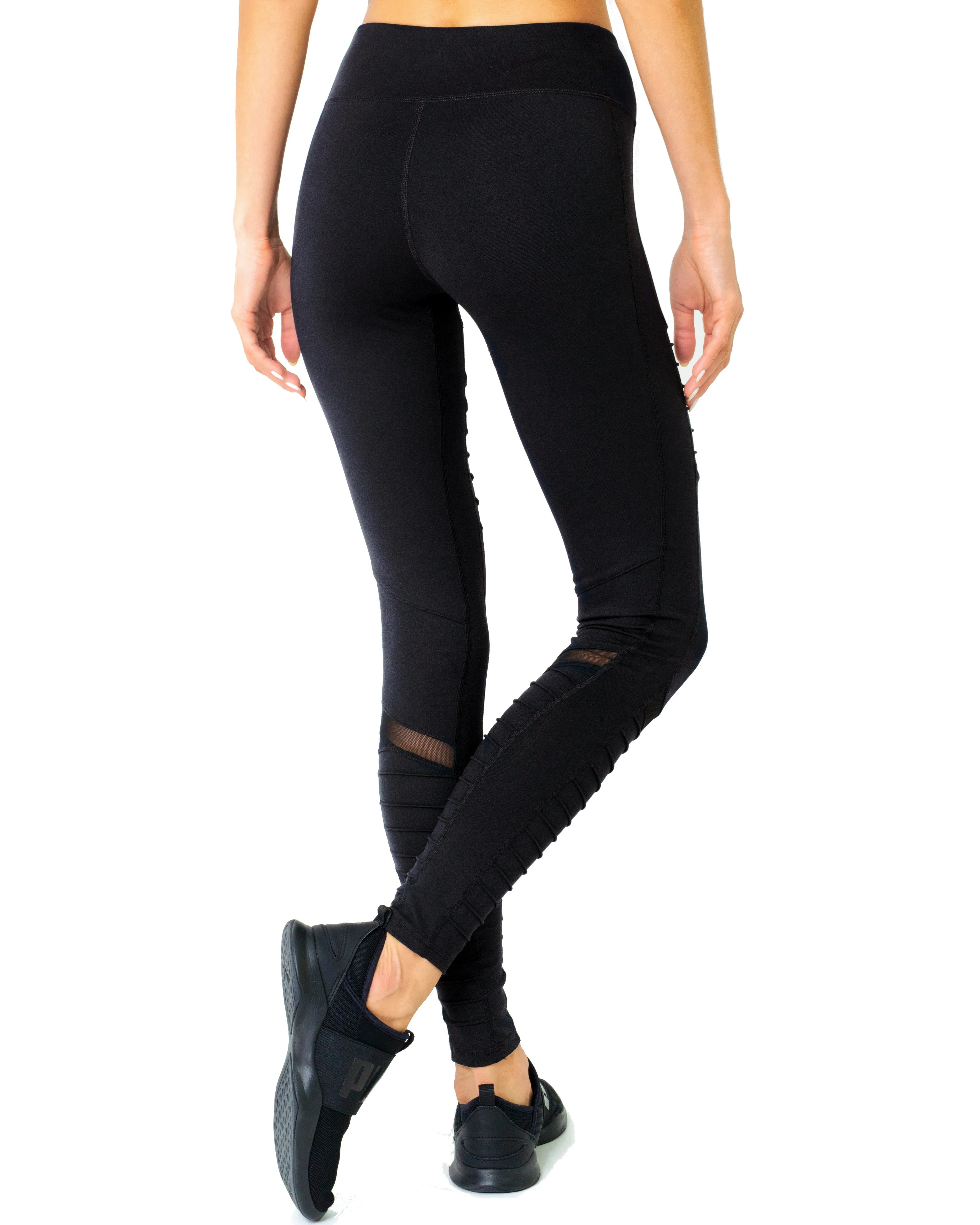 Athletique Low-Waisted Ribbed Leggings With Hidden Pocket and Mesh Panels - Black