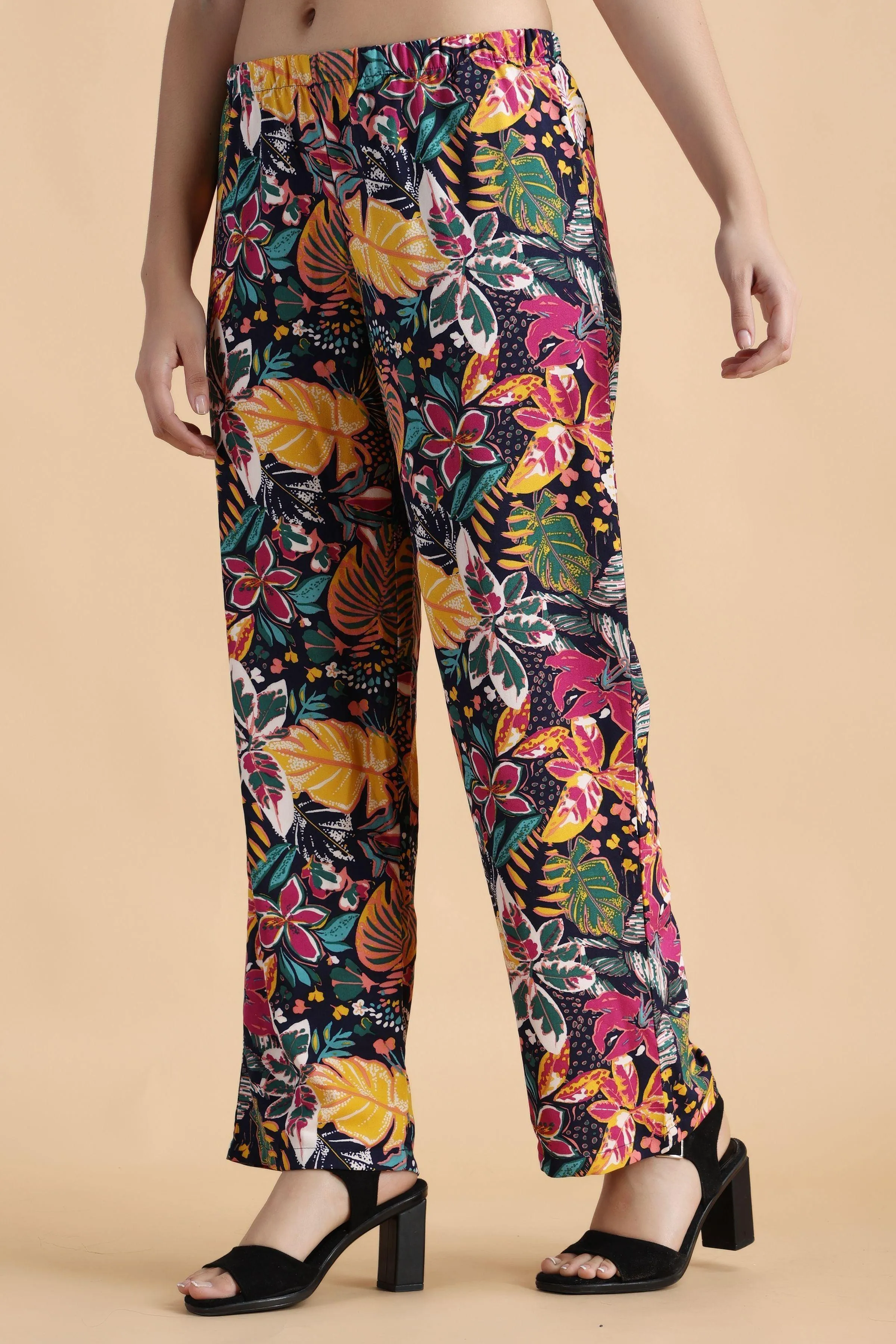 Black Multicolored Floral Printed Pyjama