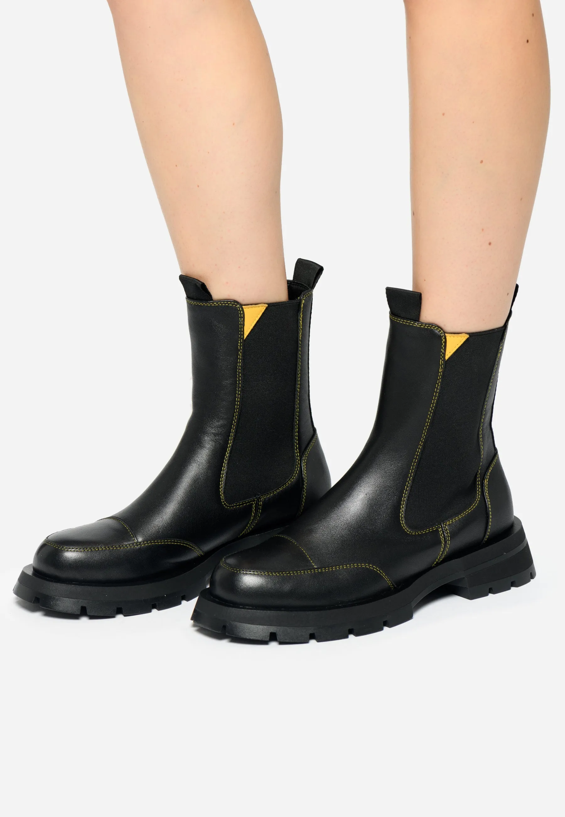 Black Women’s Chelsea Boots with Yellow Stitching - Sleek & Durable