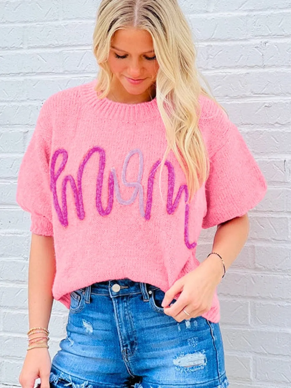 Bonbon Tinsel Detail Short Sleeve Sweater for Chic Moms