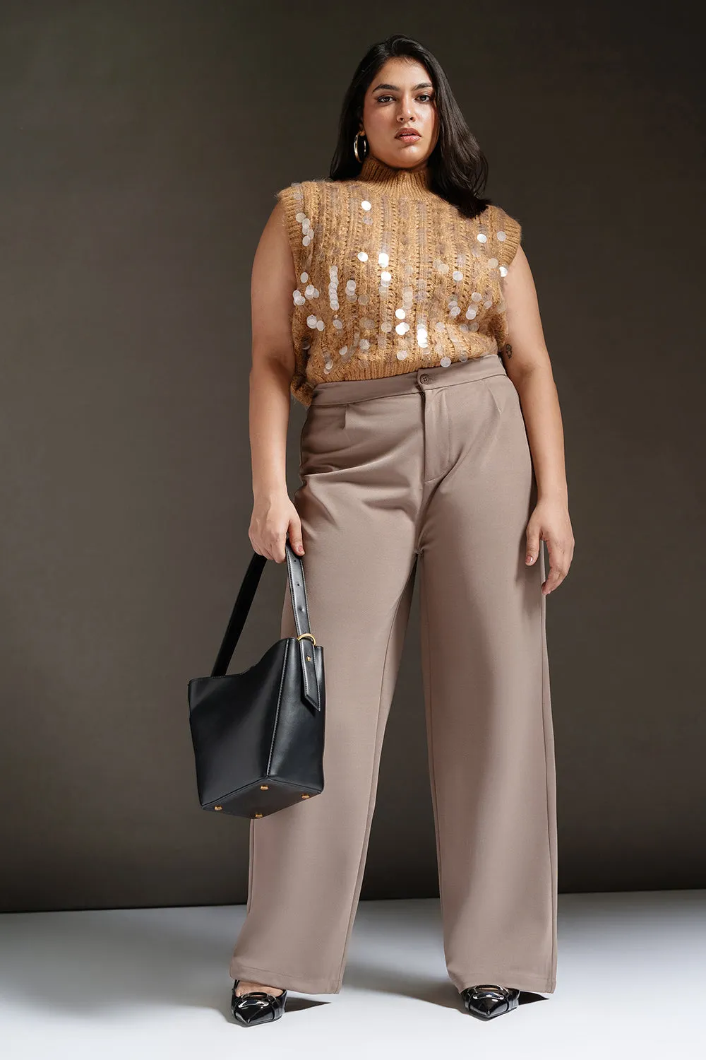 Dark Taupe Curve Textured Korean Pants