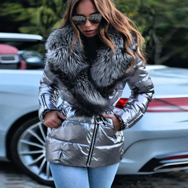 Down Cotton Coat Women Faux Fur Collar Glossy Parkas 2023 Autumn Winter New Fashion Silve Gray Black S-5XL Coat Feminina N1109