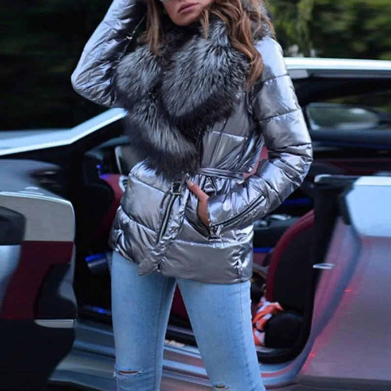 Down Cotton Coat Women Faux Fur Collar Glossy Parkas 2023 Autumn Winter New Fashion Silve Gray Black S-5XL Coat Feminina N1109