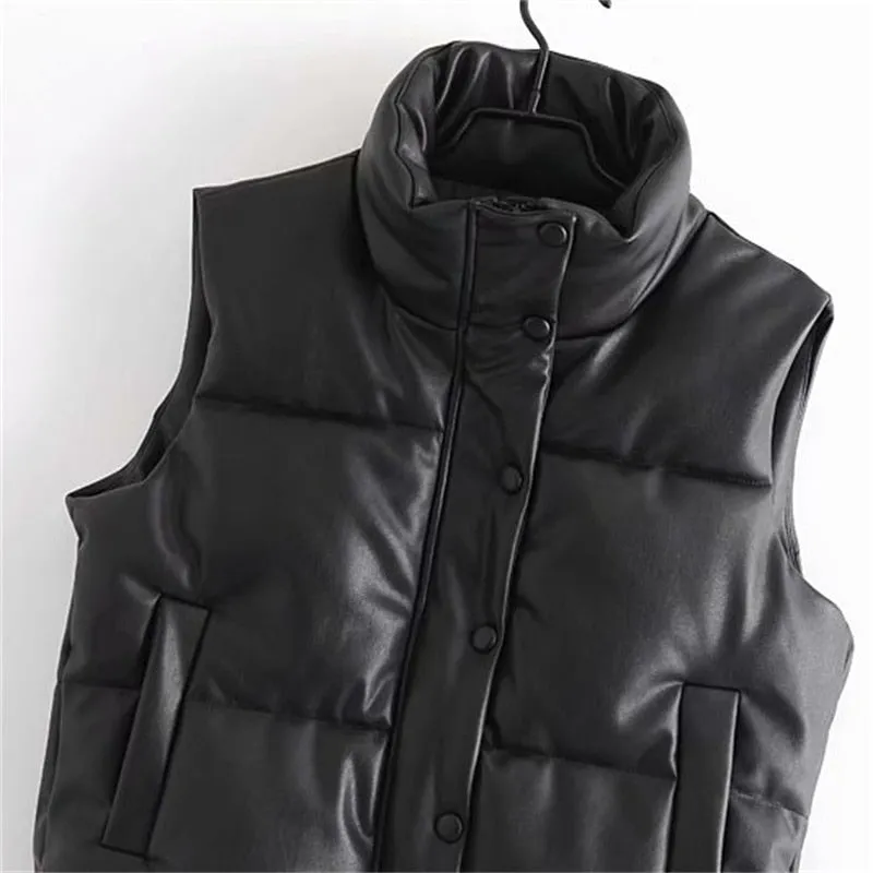 Fashion Streetwear Women Puffy Vest Winter Thick Parkas Jacket Black PU Female Coats Faux Leather Down Waistcoat Loose Lady Vest