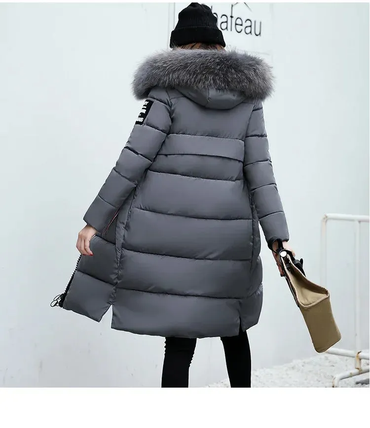 Kalino's Long Parkas Hooded Big Fur Collar Down Padded Coat