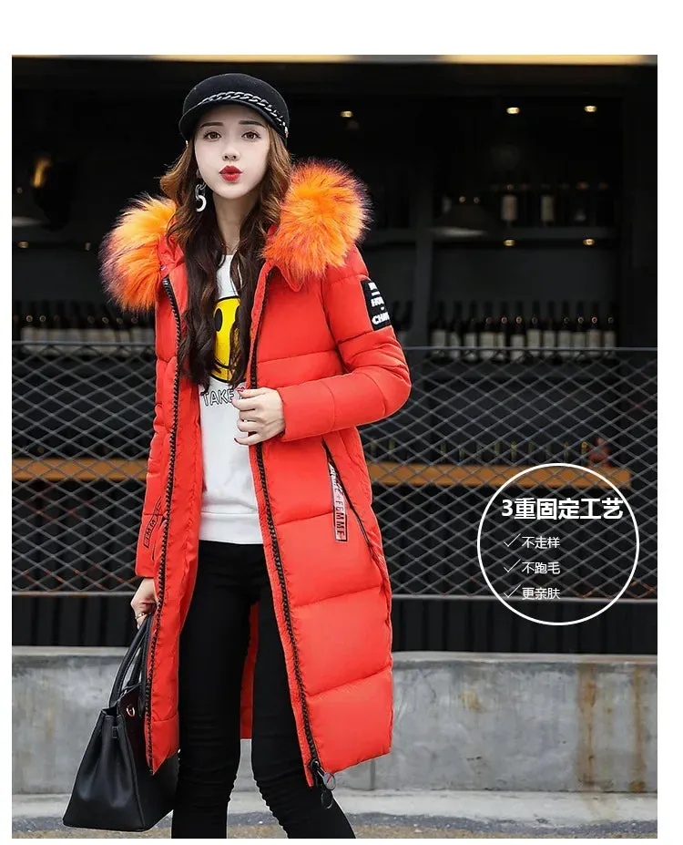 Kalino's Long Parkas Hooded Big Fur Collar Down Padded Coat