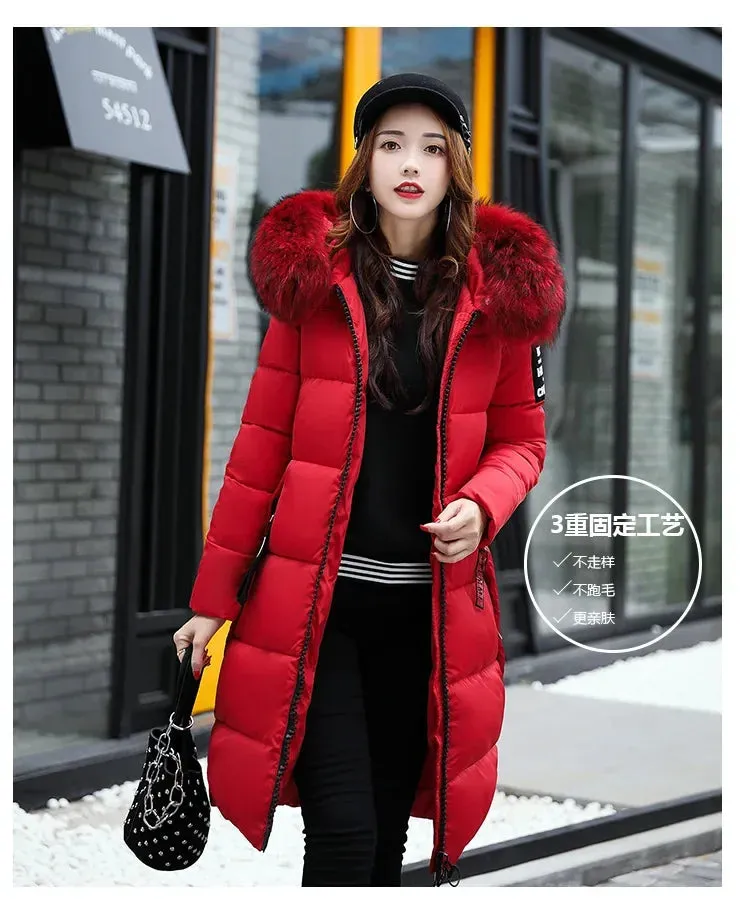 Kalino's Long Parkas Hooded Big Fur Collar Down Padded Coat