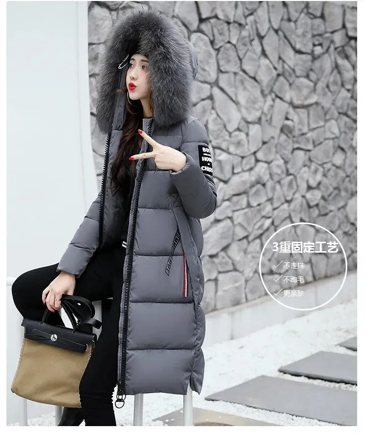 Kalino's Long Parkas Hooded Big Fur Collar Down Padded Coat