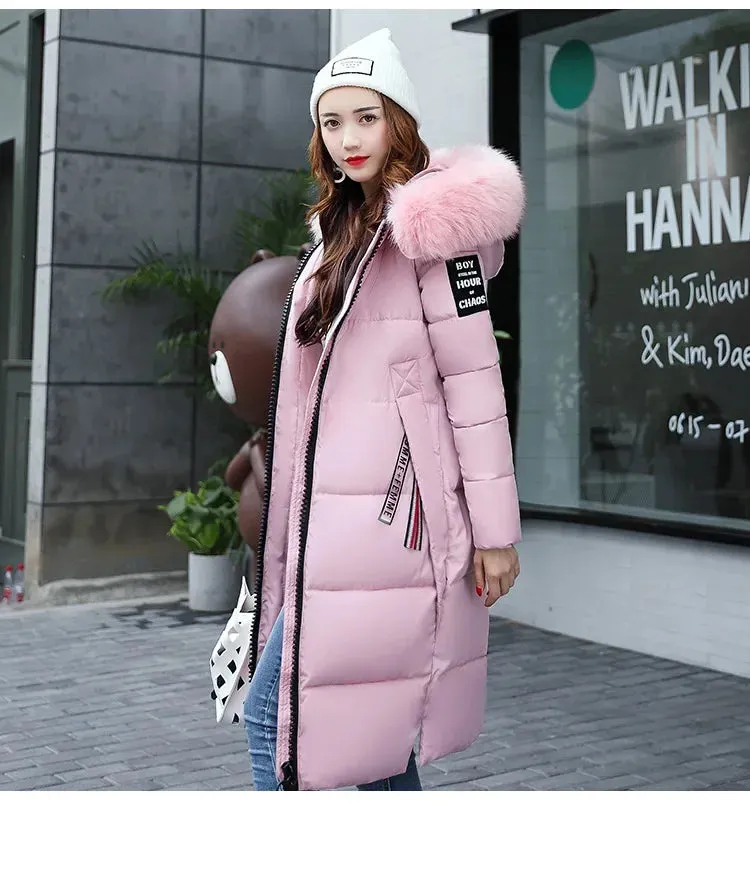 Kalino's Long Parkas Hooded Big Fur Collar Down Padded Coat