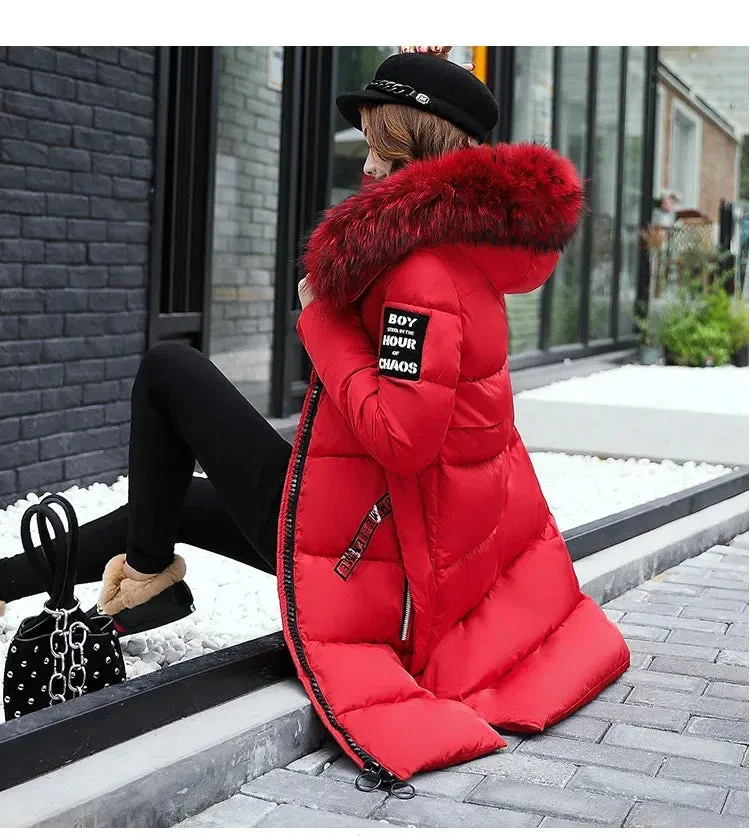 Kalino's Long Parkas Hooded Big Fur Collar Down Padded Coat