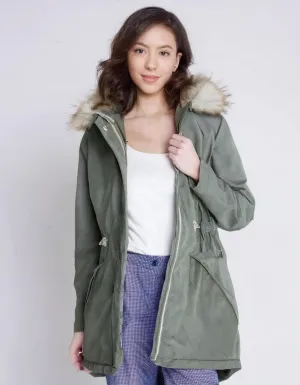 Light Olive Casual Parka with Faux Fur Hood