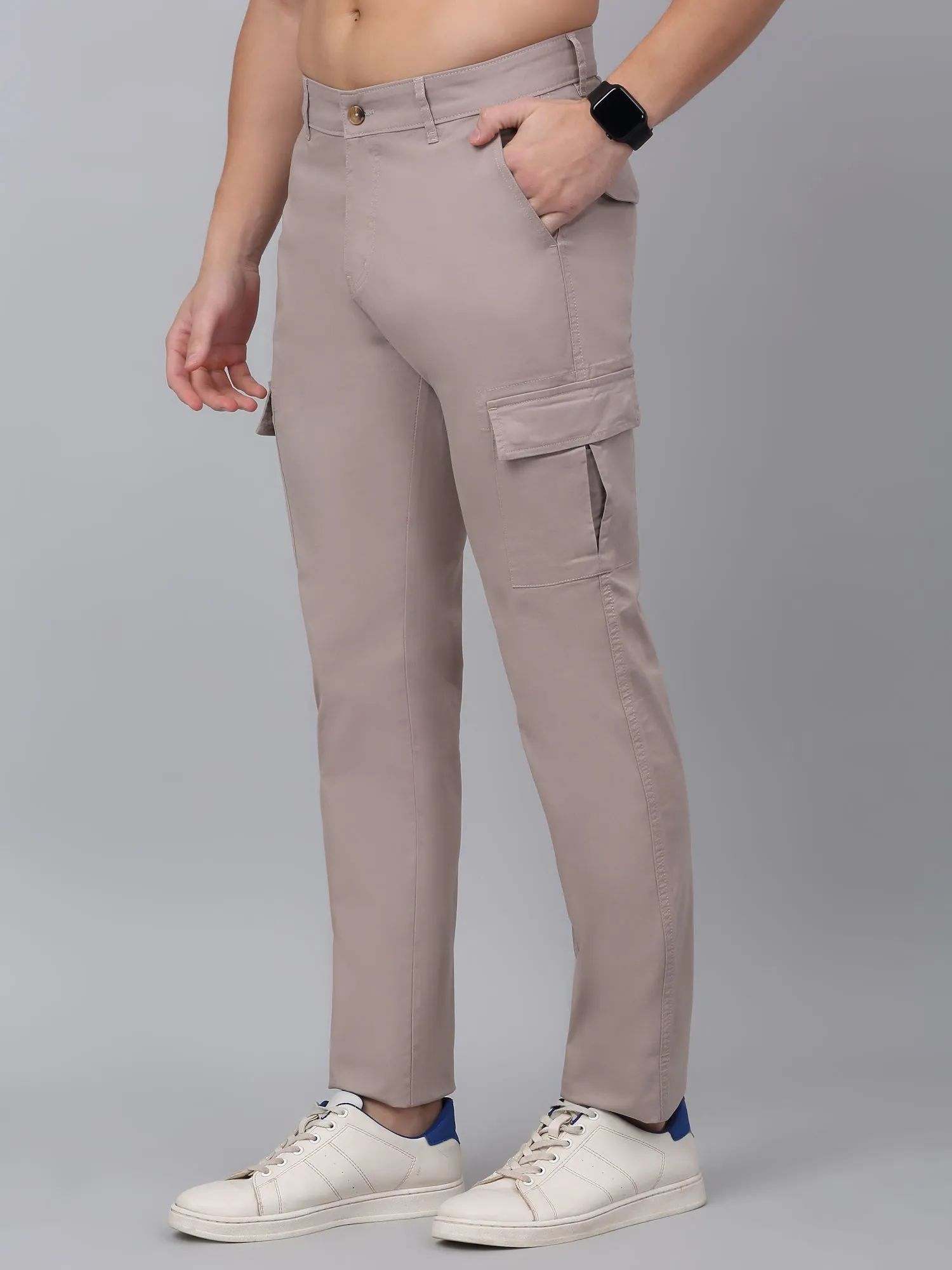 Men's Beige Solid Full Length Stretchable Cargo