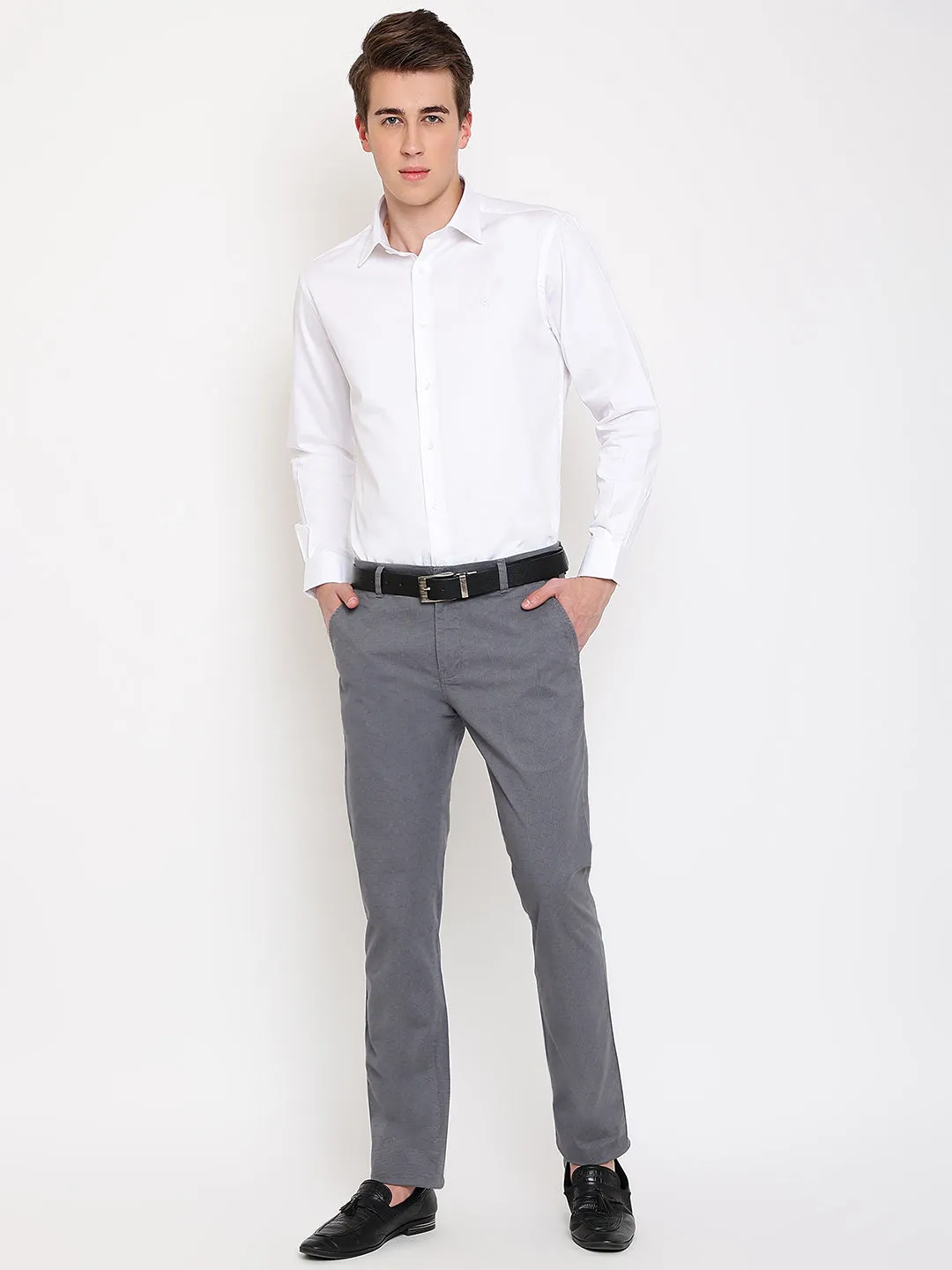 Men's Casual Flat front Dark Grey Checks Trousers