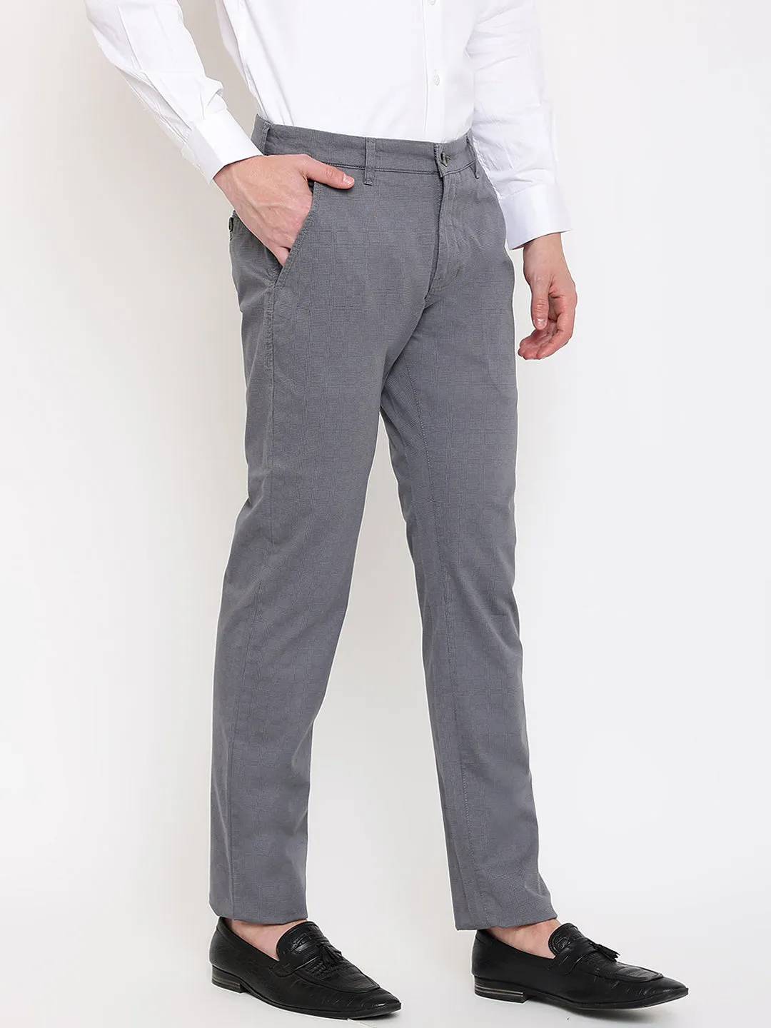 Men's Casual Flat front Dark Grey Checks Trousers