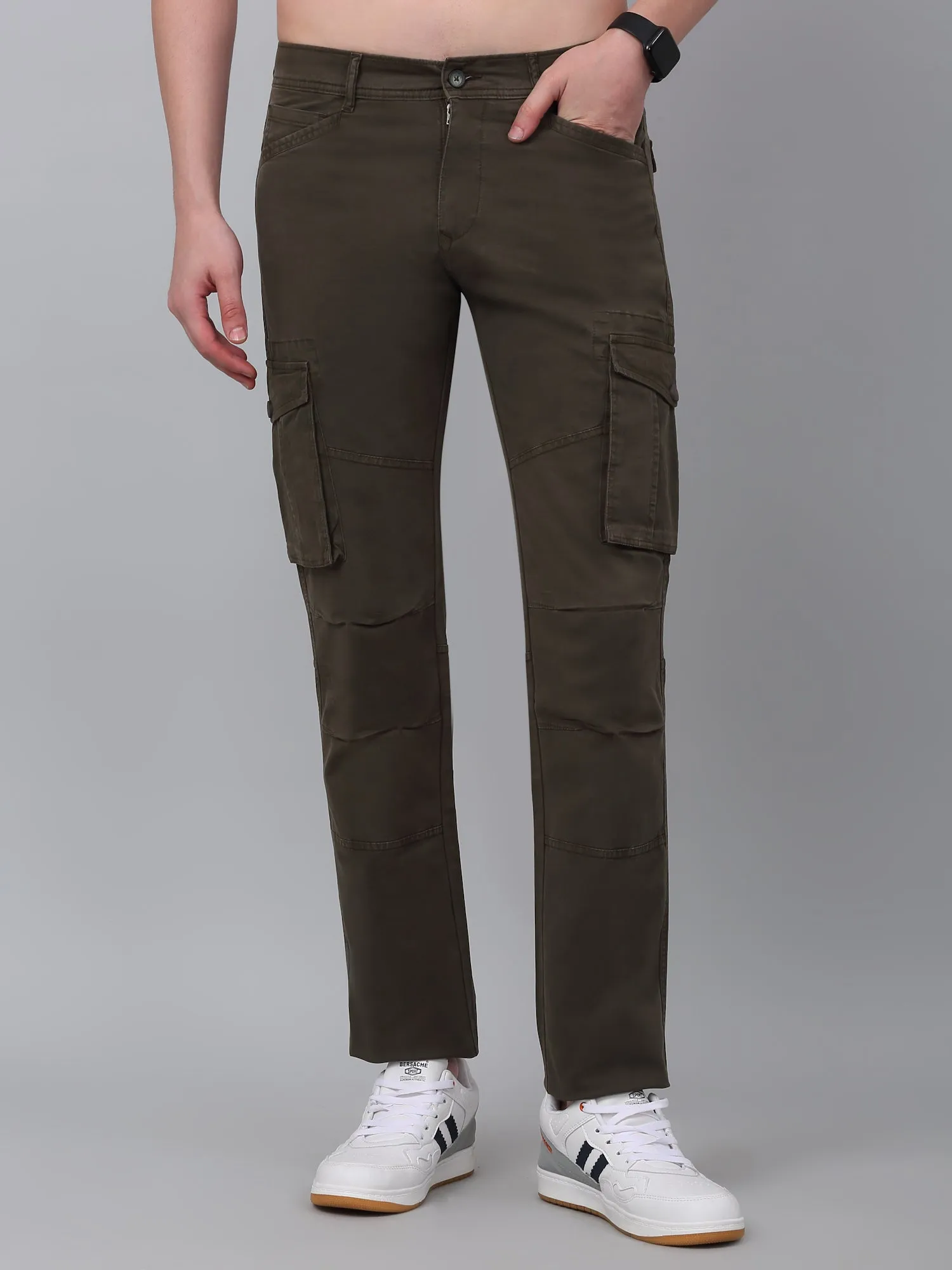 Men's Olive Green Solid Full Length Stretchable Cargo