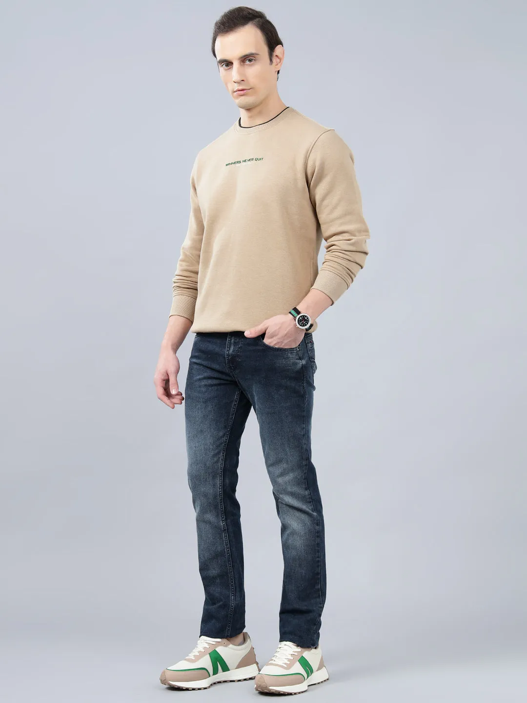 Men's Solid Beige Round Neck Sweatshirt