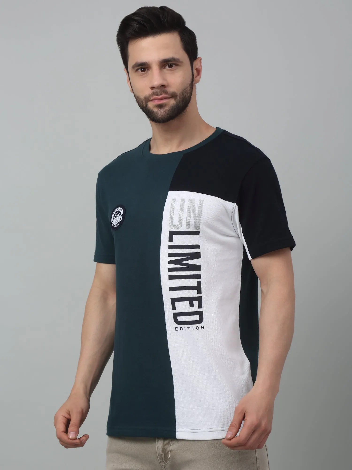 Men's Teal Blue Color block Round neck Half Sleeve T-Shirt with Typographic print