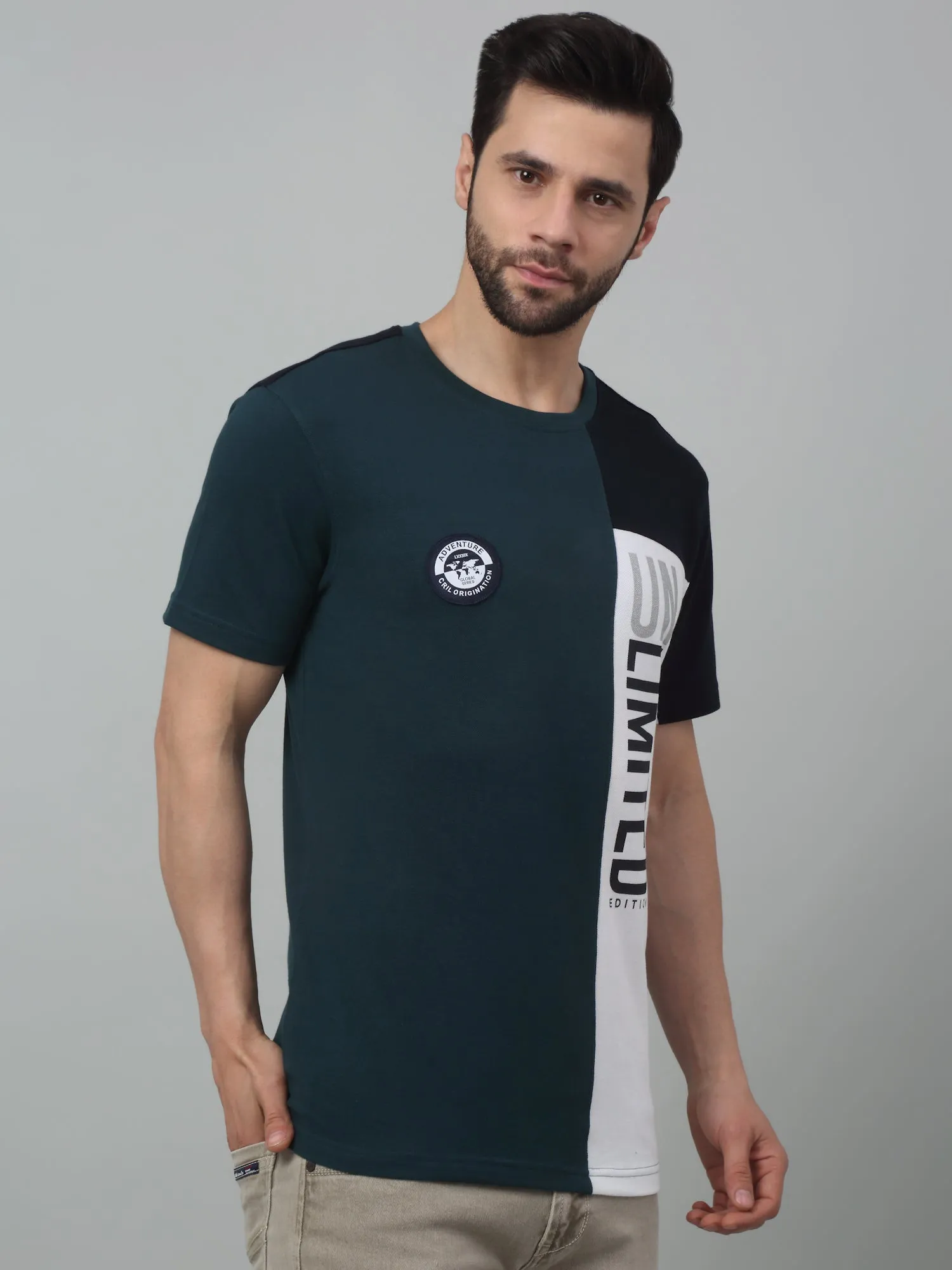 Men's Teal Blue Color block Round neck Half Sleeve T-Shirt with Typographic print