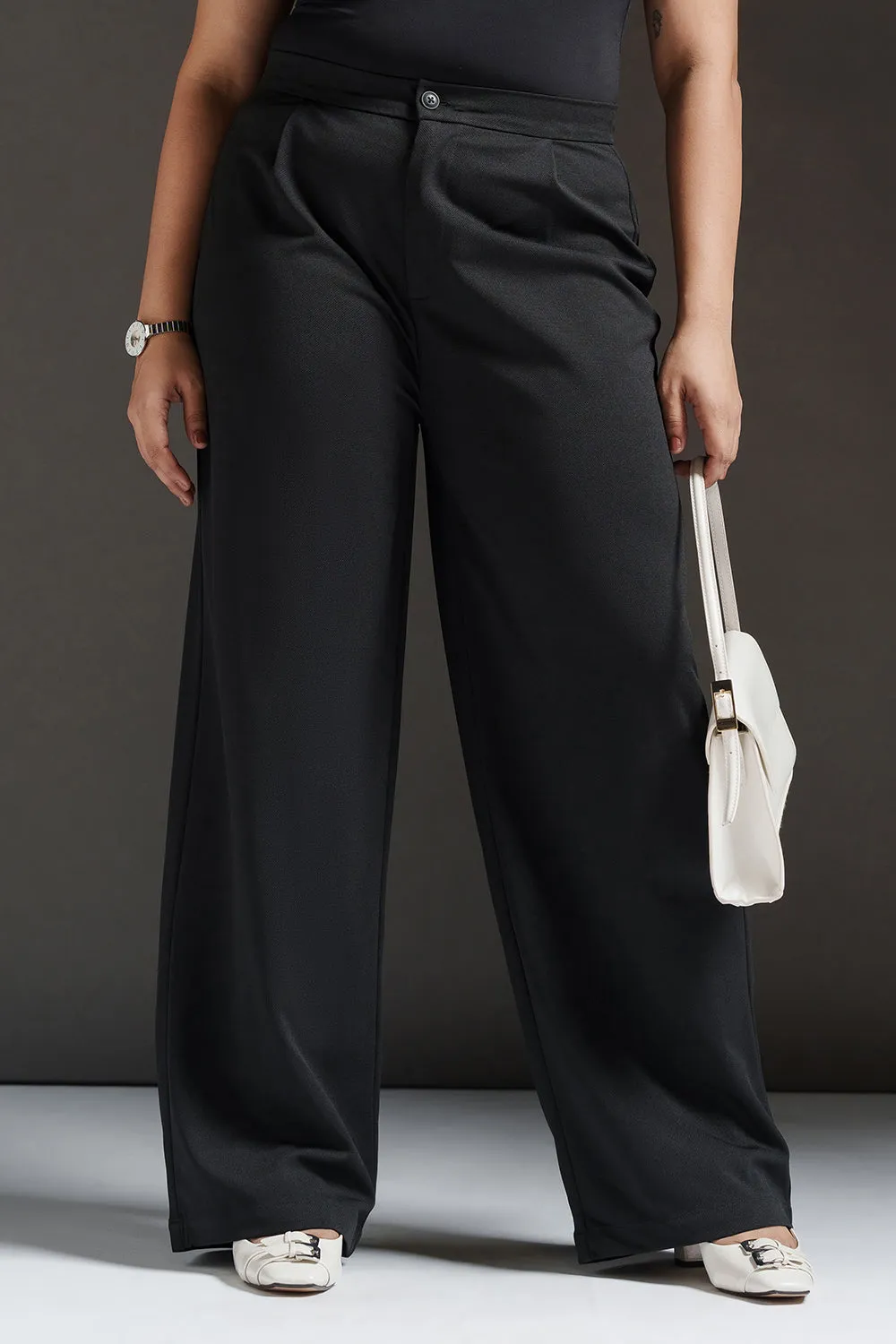 Onyx Black Curve Textured Korean Pants