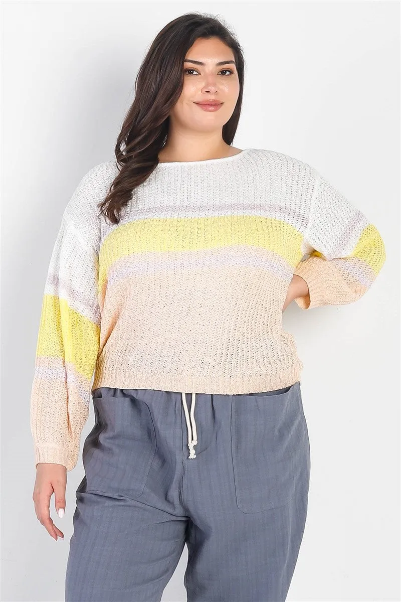 Plus Size White and Lemon Knit Stripe Long Sleeve Top