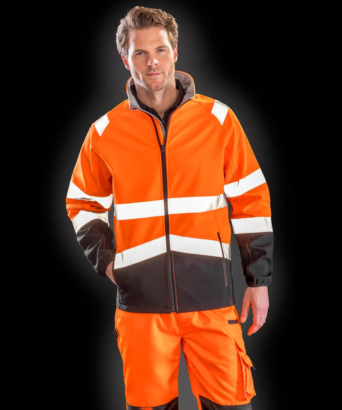 Printable safety softshell jacket | Fluorescent Orange/Black