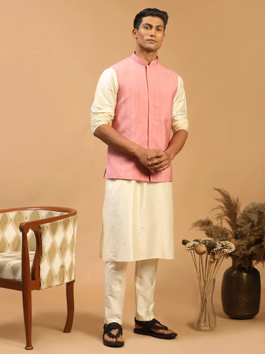 Purple Sequined Jacket With Cream Kurta Pant Set