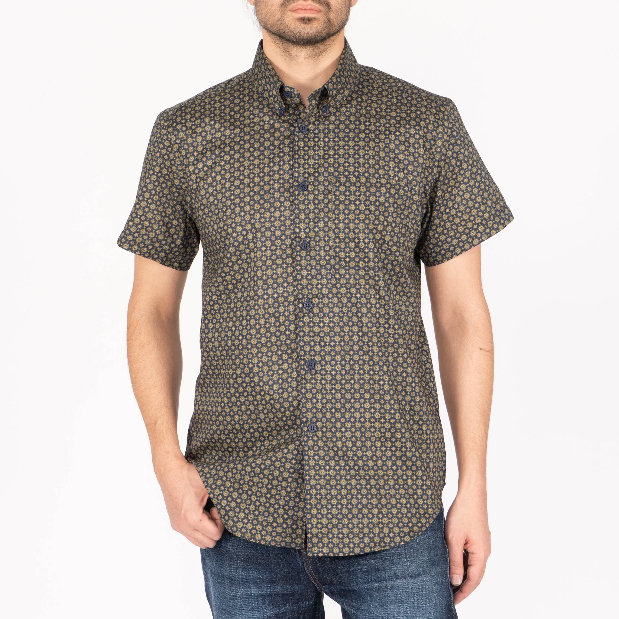 Short Sleeve Easy Shirt - Medallions Print - Navy