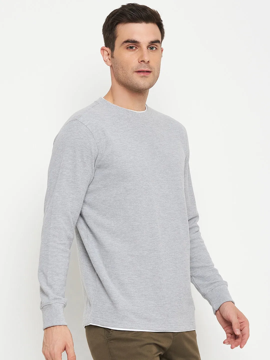 Solid Grey Full Sleeves Round Neck Regular Fit Casual Sweatshirt for Men