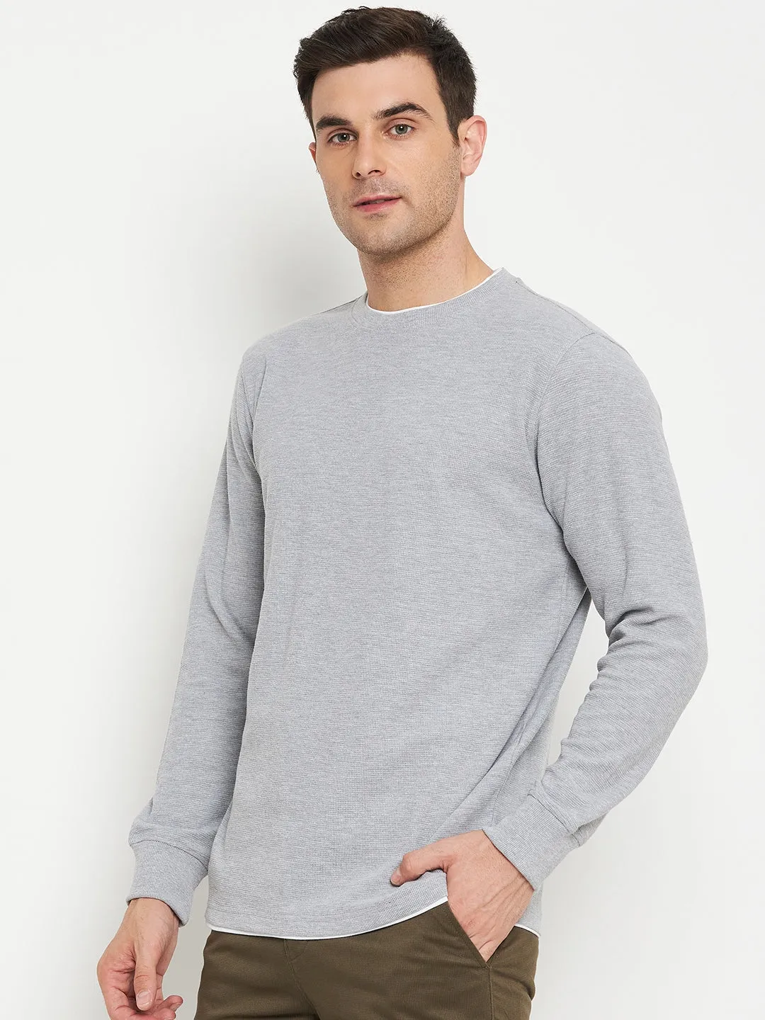 Solid Grey Full Sleeves Round Neck Regular Fit Casual Sweatshirt for Men