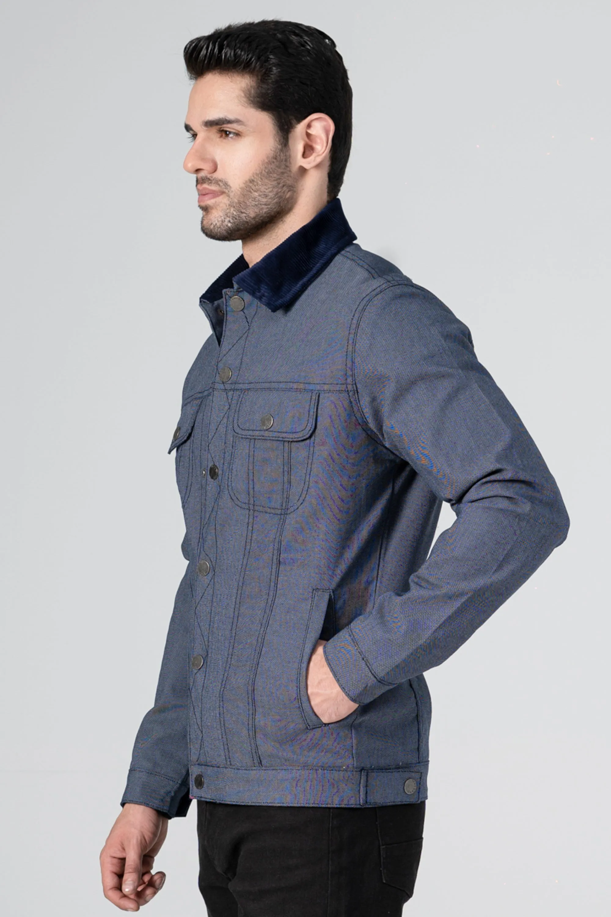 Textured Button Up  Collar Jacket indigo