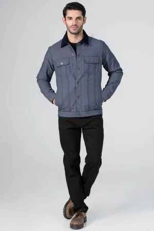 Textured Button Up  Collar Jacket indigo