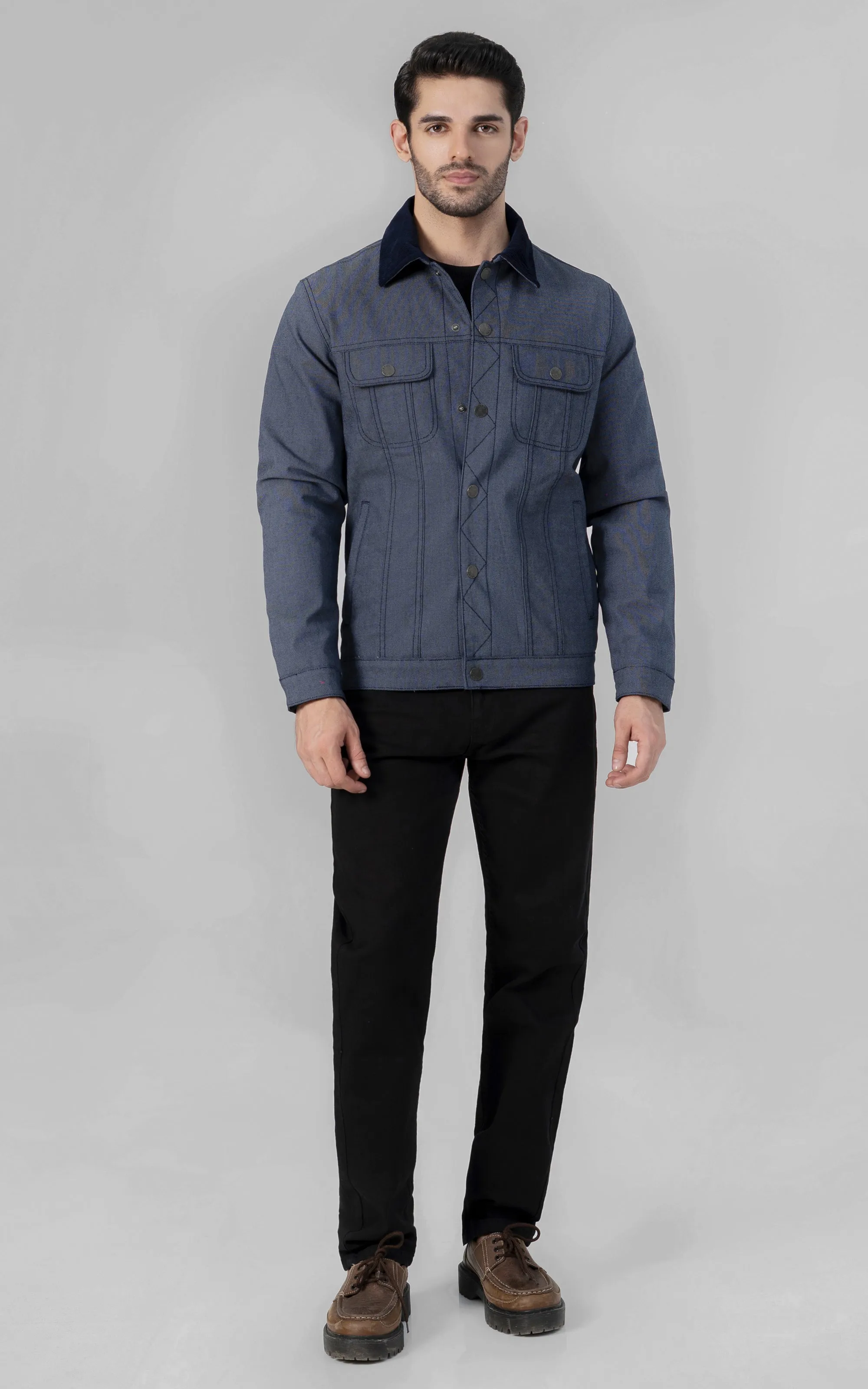 Textured Button Up  Collar Jacket indigo