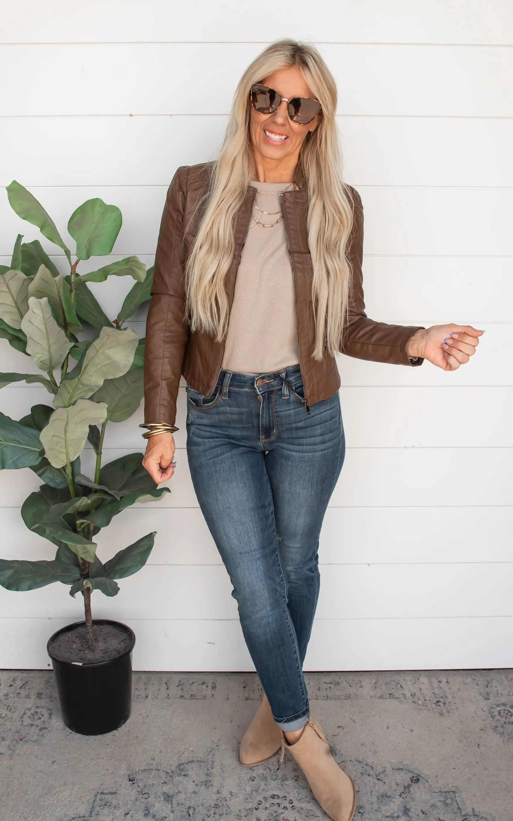 Vegan Leather Biker Jacket - Camel - Final Sale