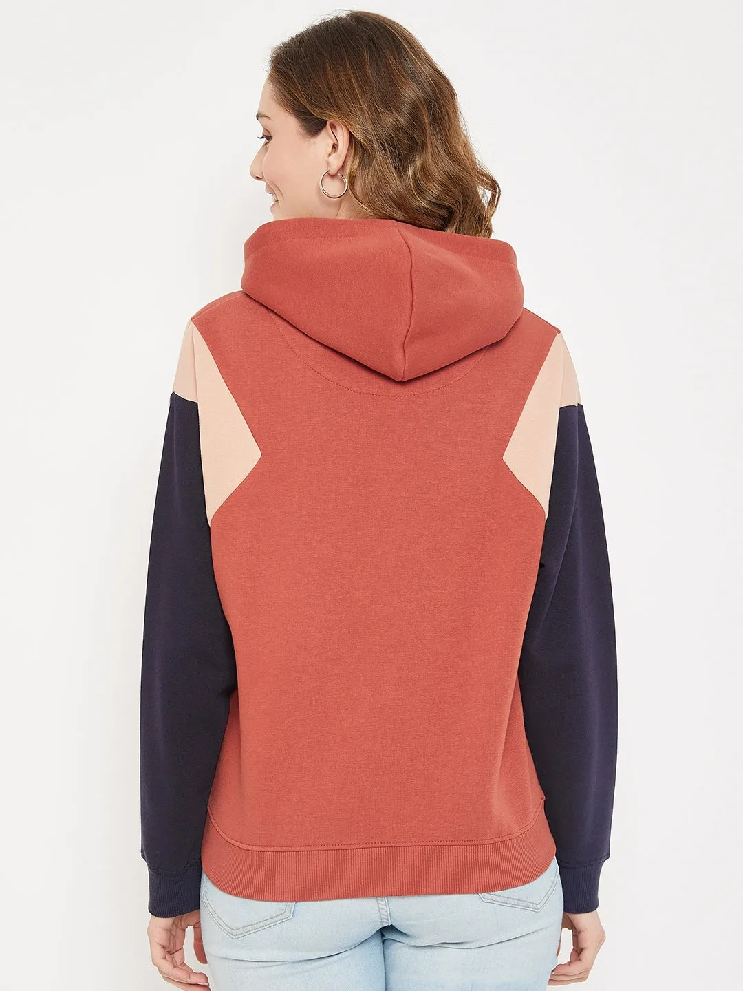 Women's Casual  Rust Regular Full Sleeve Color block Pullover Hoodie Sweatshirt