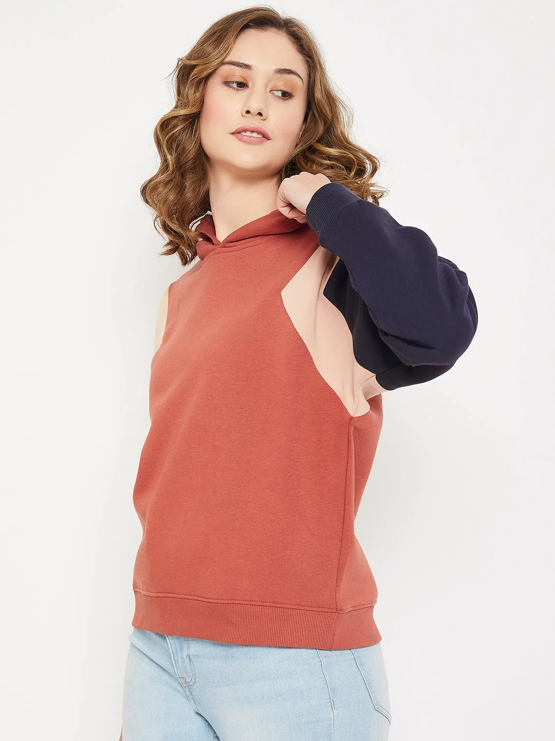 Women's Casual  Rust Regular Full Sleeve Color block Pullover Hoodie Sweatshirt