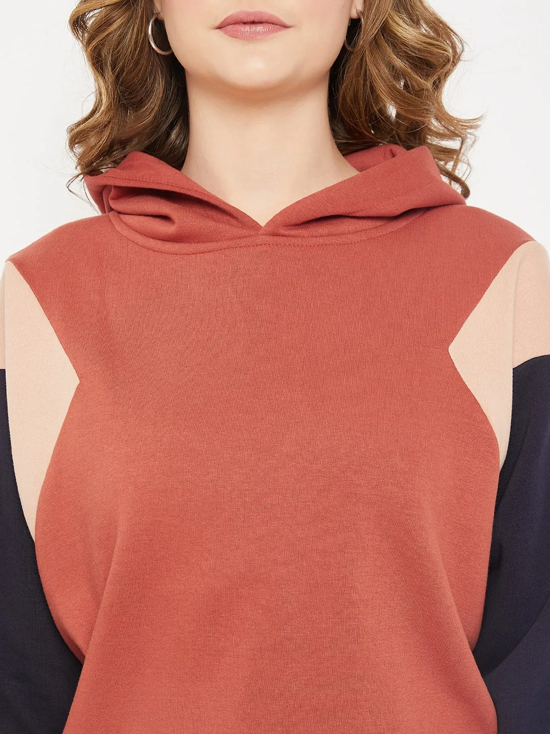 Women's Casual  Rust Regular Full Sleeve Color block Pullover Hoodie Sweatshirt