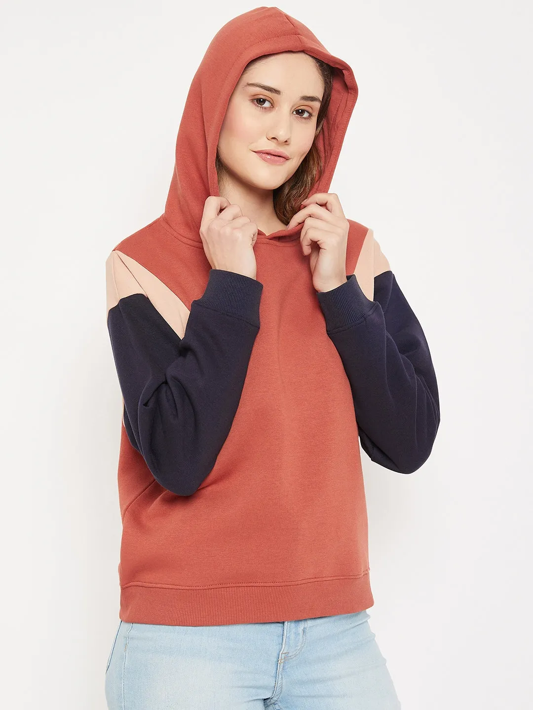 Women's Casual  Rust Regular Full Sleeve Color block Pullover Hoodie Sweatshirt